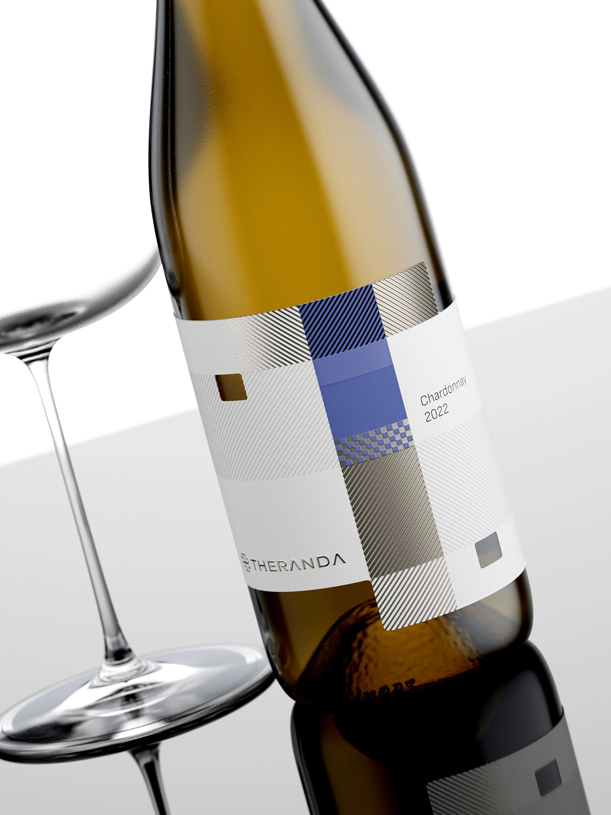 Detailed view of Theranda wine label showcasing vivid color blocking and metallic finishes