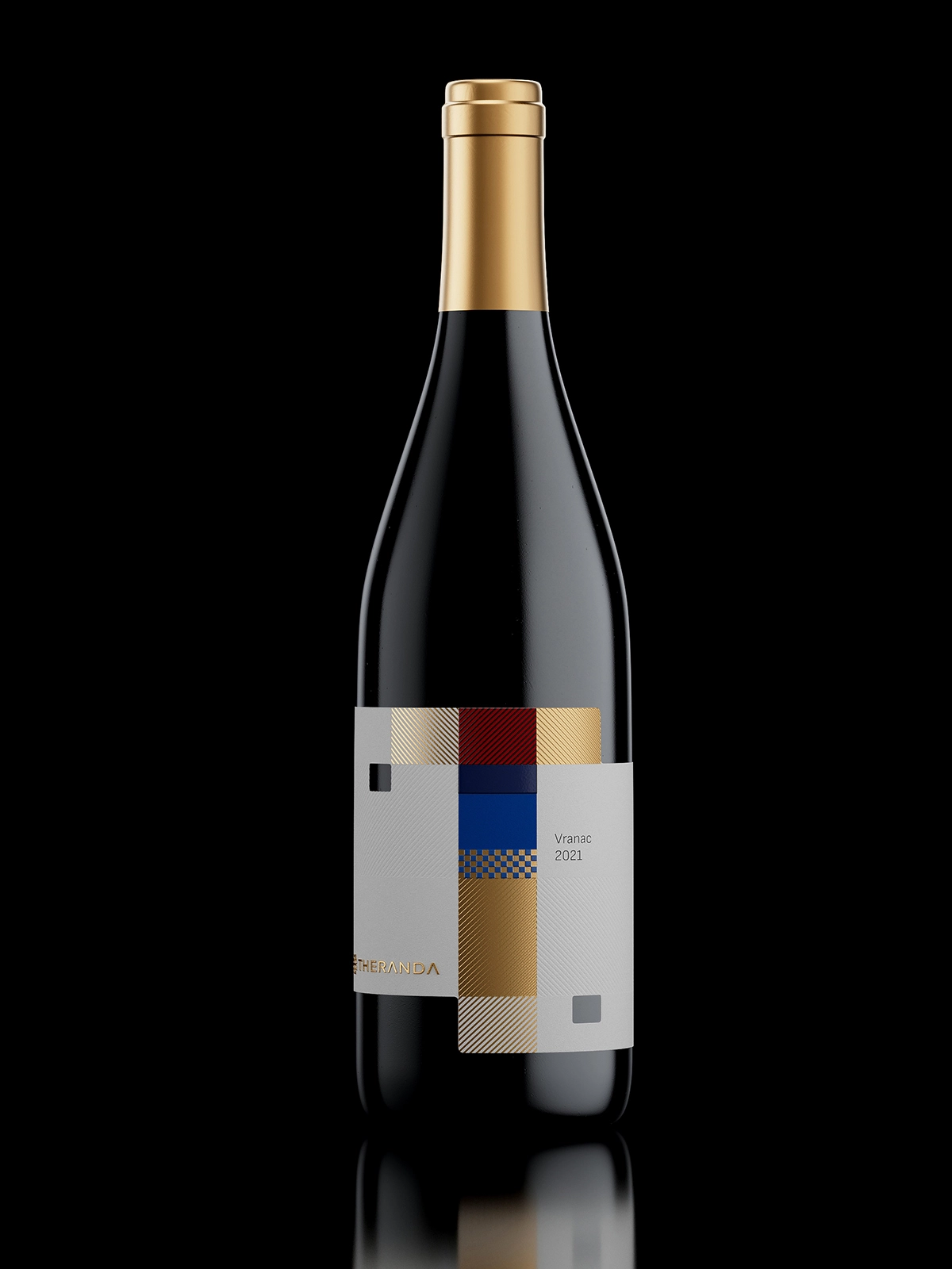 Theranda wine bottle with modern geometric label design on black background