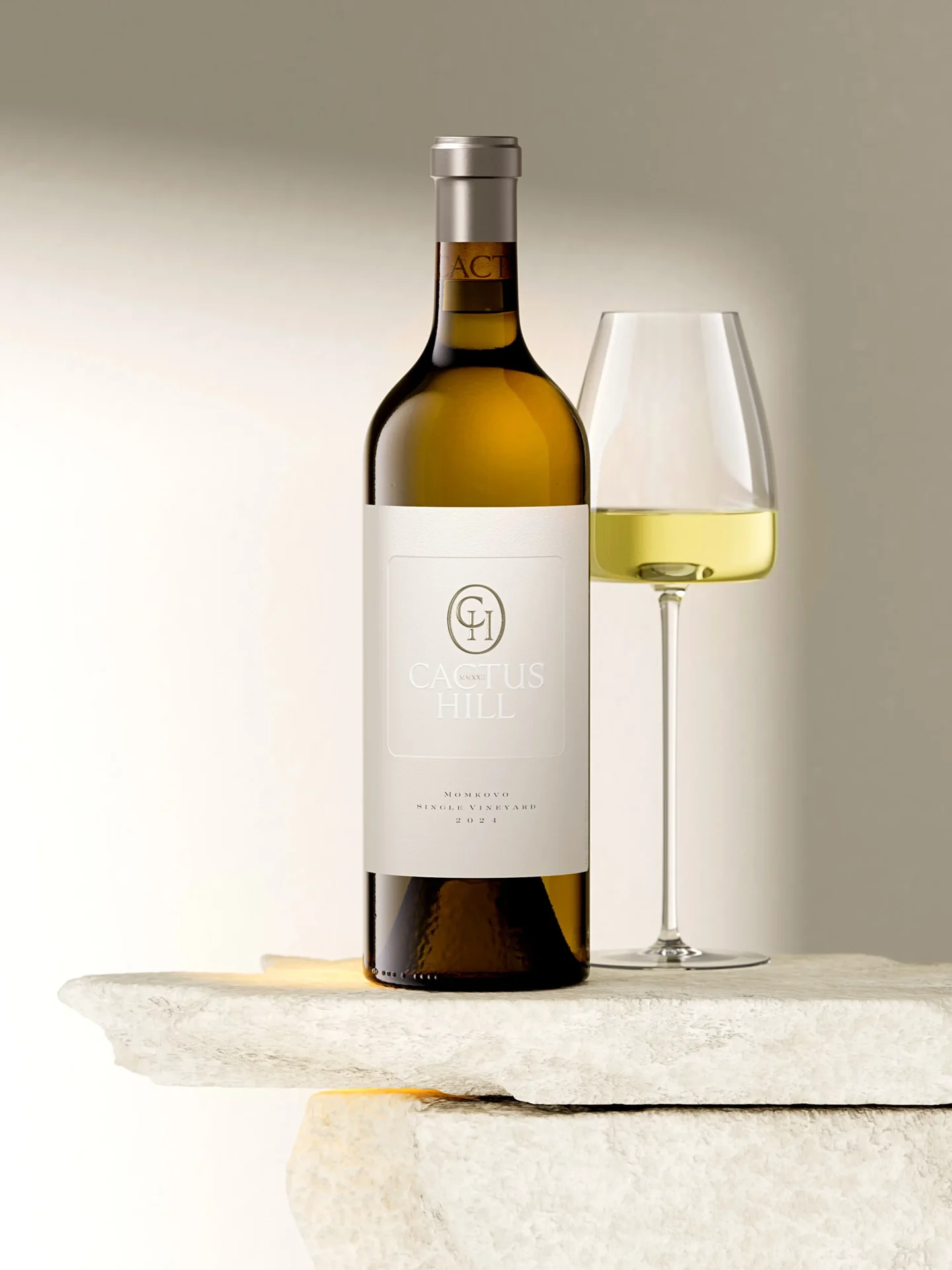 Cactus Hill Viognier bottle with wine glass — ultra premium wine label design and luxury wine packaging by Dagaprint